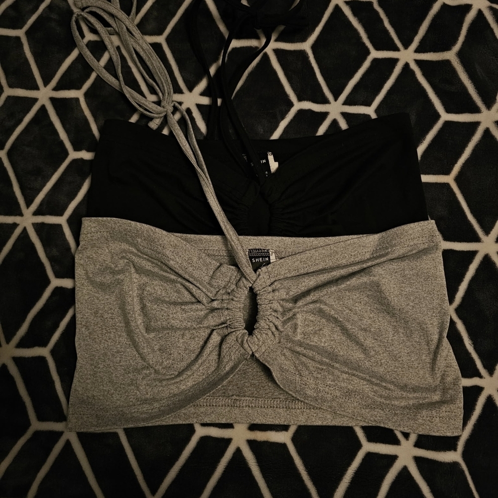 SHEIN Black and Gray Ruched Crop Tops